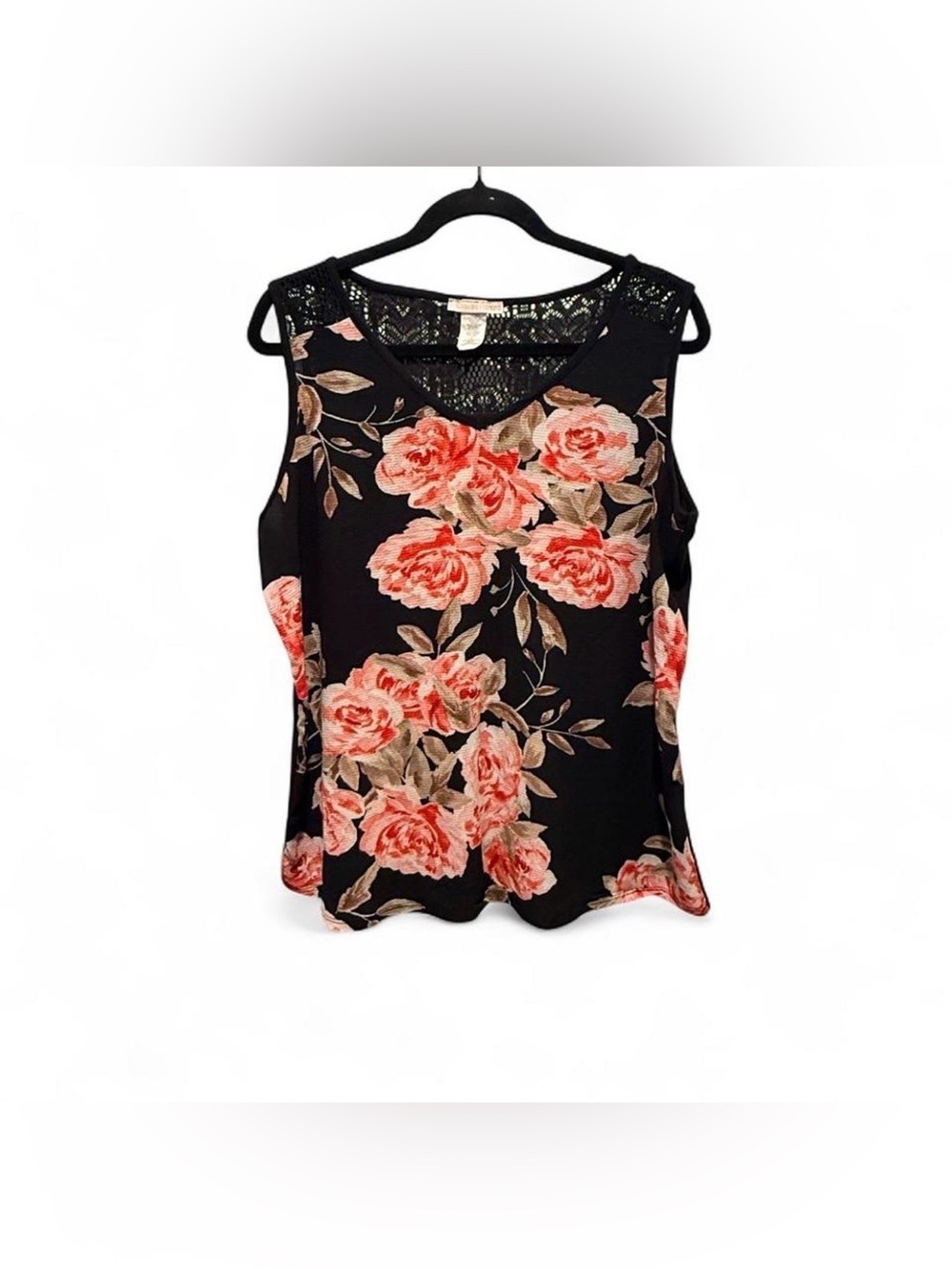 Claudia Richard Black Floral Lace-Back Camisole with Pink Rose Print